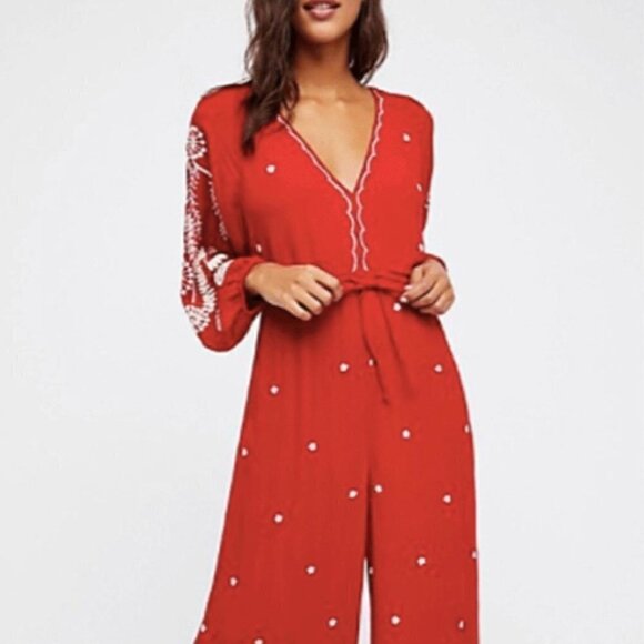 Free People Red Embroidered Romper/Jumpsuit v-neck jumpsuit size XS - Picture 4 of 17